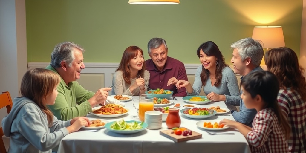 A family enjoys a lively PKU-friendly meal together, highlighting the joy of shared dietary management.  4.png