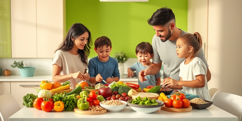 A family joyfully prepares a healthy meal together, showcasing fresh ingredients in a warm, inviting kitchen atmosphere. 5.png