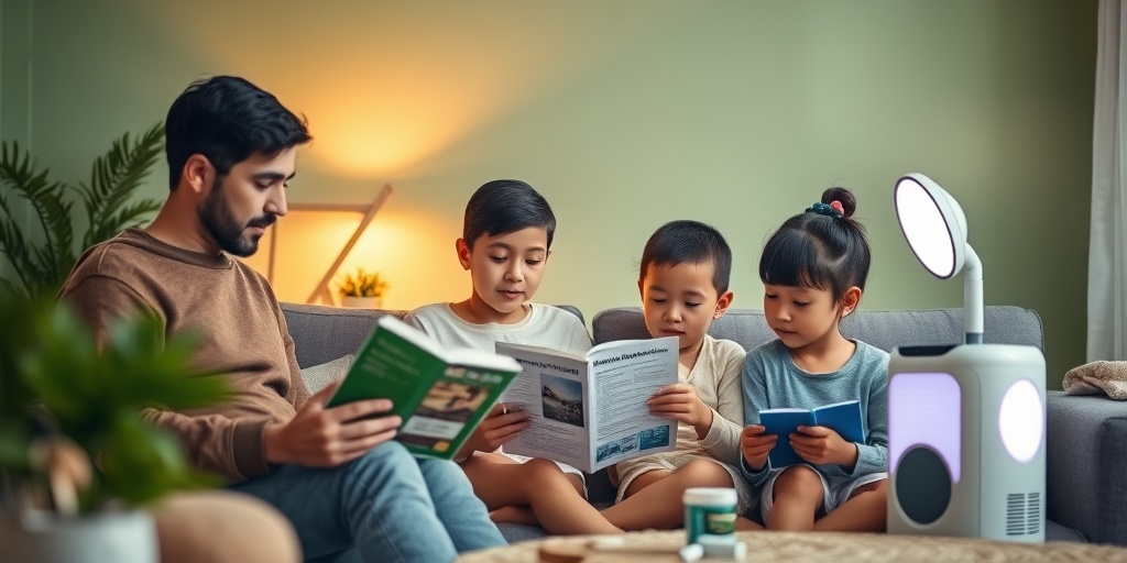 A family manages allergies at home, reading guides and using air purifiers in a cozy, calming environment. 4.png