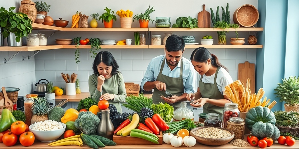 A family prepares a nutritious meal in a well-organized kitchen filled with fresh fruits and vegetables.  3.png