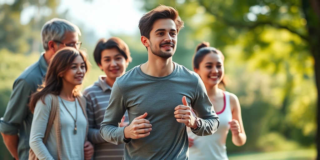 A family scene with a young adult jogging in a park, symbolizing hope and vitality against a blue and green backdrop.  5.png