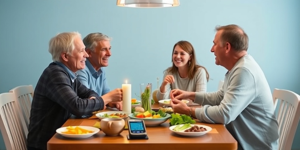 A family shares a meal around a dining table, filled with healthy dishes and laughter, emphasizing love and support.5.png