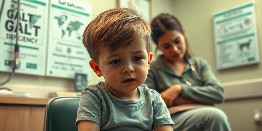 A fatigued child sits in a doctor's office, showing symptoms of GALT Deficiency, with a concerned parent nearby.2.png