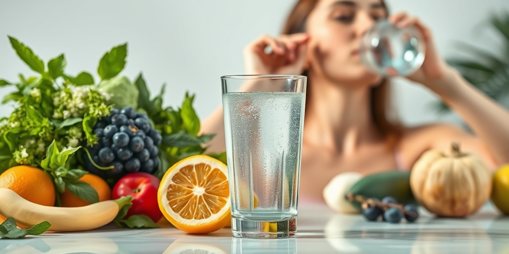 A glass of water surrounded by hydrating fruits illustrates skin health, with a glowing individual in the background.4.png