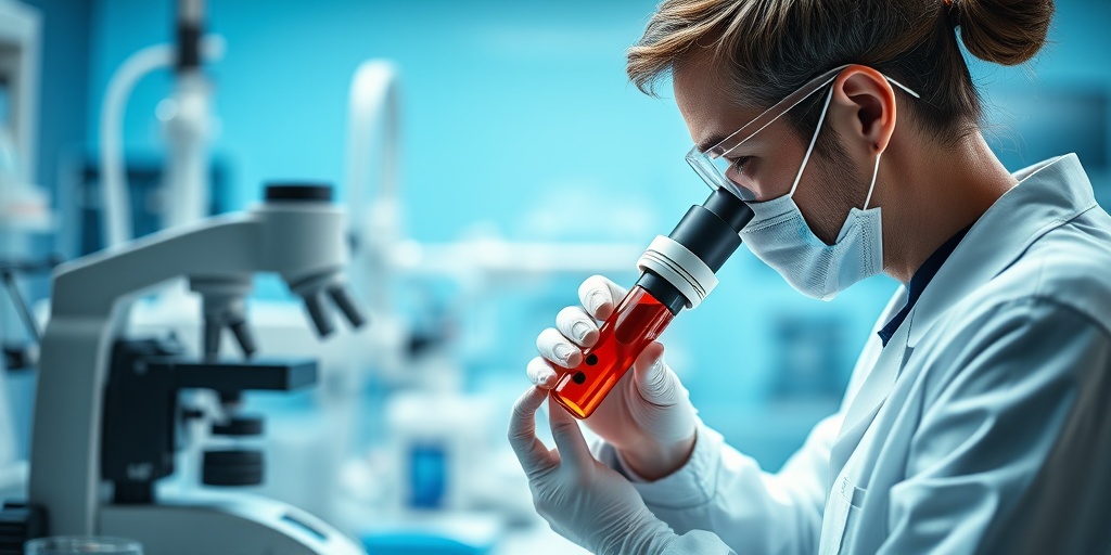 A healthcare professional analyzing a blood sample under a microscope in a bright, clinical laboratory environment.  3.png
