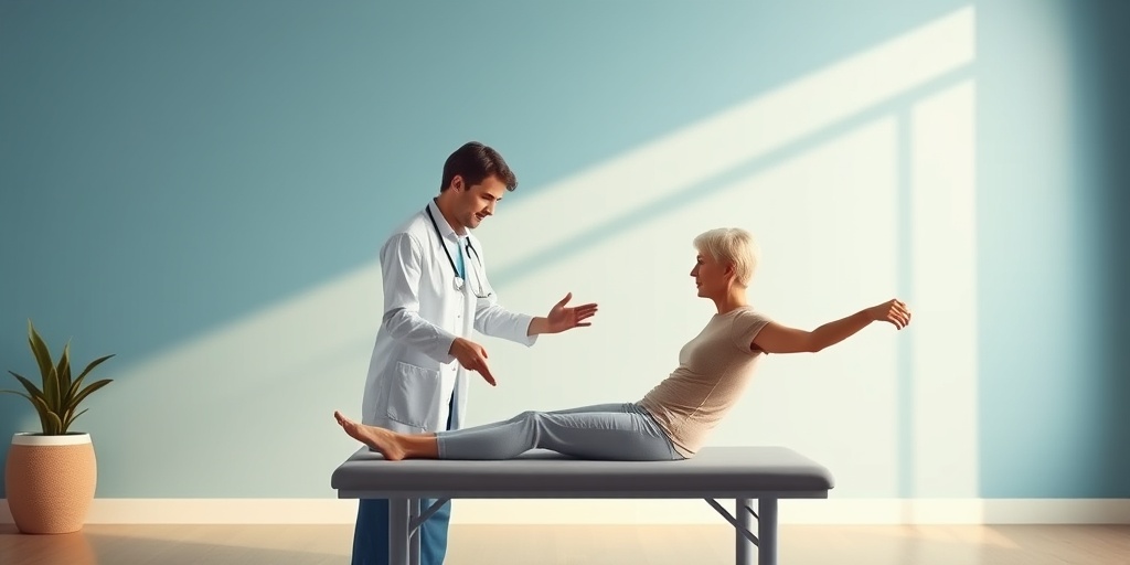 A healthcare professional demonstrates rehabilitation exercises to a patient, set in a serene blue environment, emphasizing hope and recovery.4.png