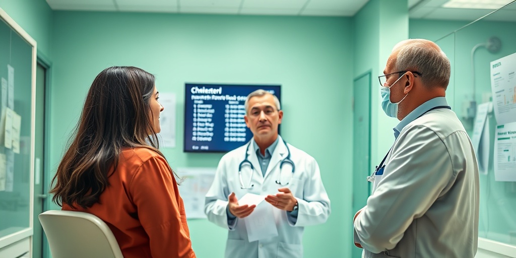 A healthcare professional discusses cholesterol test results with a patient in a bright, welcoming clinic, fostering trust and understanding. 4.png