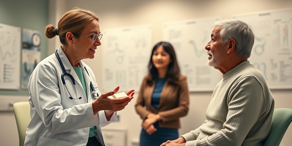 A healthcare professional discusses labyrinthitis treatments with a patient in a warm, inviting clinic filled with medical charts.  4.png