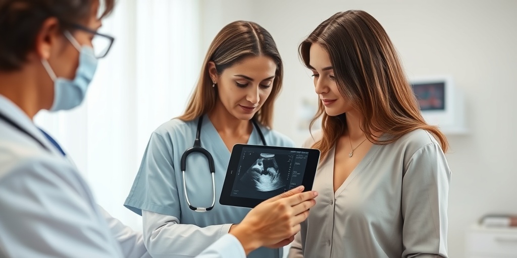 A healthcare professional examines a breast lump with ultrasound, emphasizing care and professionalism in a soothing setting. 4.png