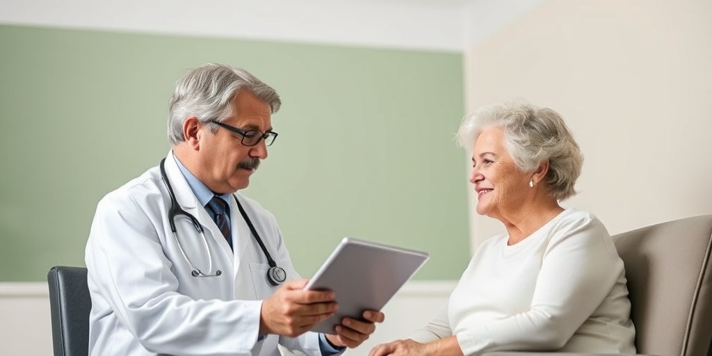 A healthcare professional examines a patient, using a tablet to review Post-Polio Syndrome symptoms in a calming clinical setting.3.png