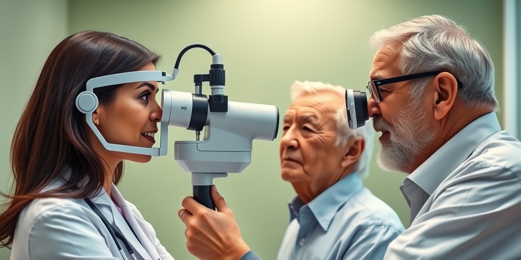 A healthcare professional examines an elderly man's eyes in a modern clinic, showcasing compassion and advanced diagnostic care.  3.png