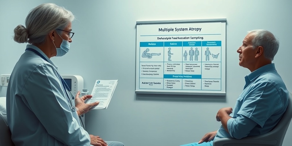 A healthcare professional explains MSA symptoms to a concerned patient in a calming clinical environment.  2.png