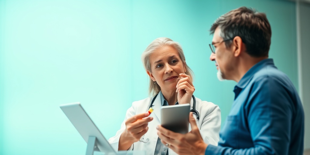 A healthcare professional explains a diagnostic test to a patient in a modern clinic, promoting reassurance and understanding.  3.png