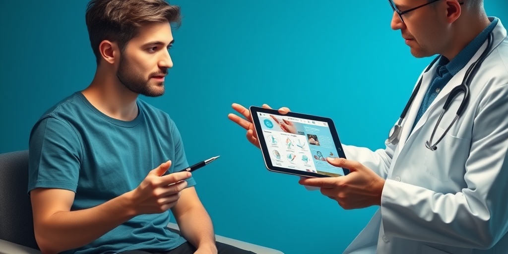 A healthcare professional explains tremor symptoms to a patient, highlighting educational graphics in a clinical setting.  2.png