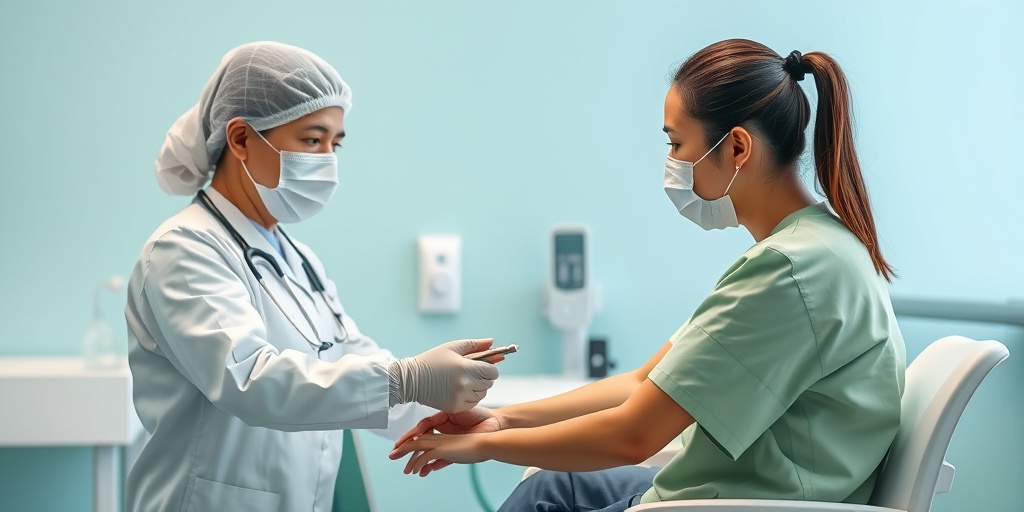 A healthcare professional prepares a patient for a blood draw, emphasizing trust in a sterile, calming environment. 3.png