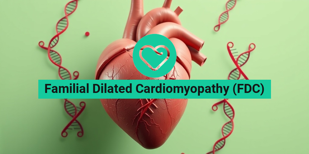 A heart with familial dilated cardiomyopathy, enlarged and detailed, set against a soft green background. • Yesil Health AI