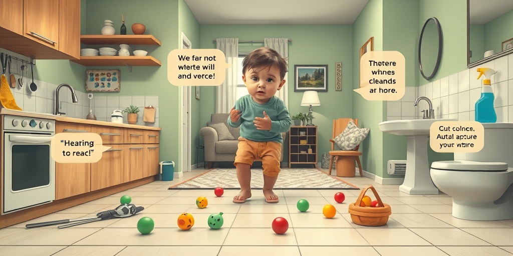 A kitchen and living room filled with toddler hazards, emphasizing the need for parental vigilance and awareness.  2.png