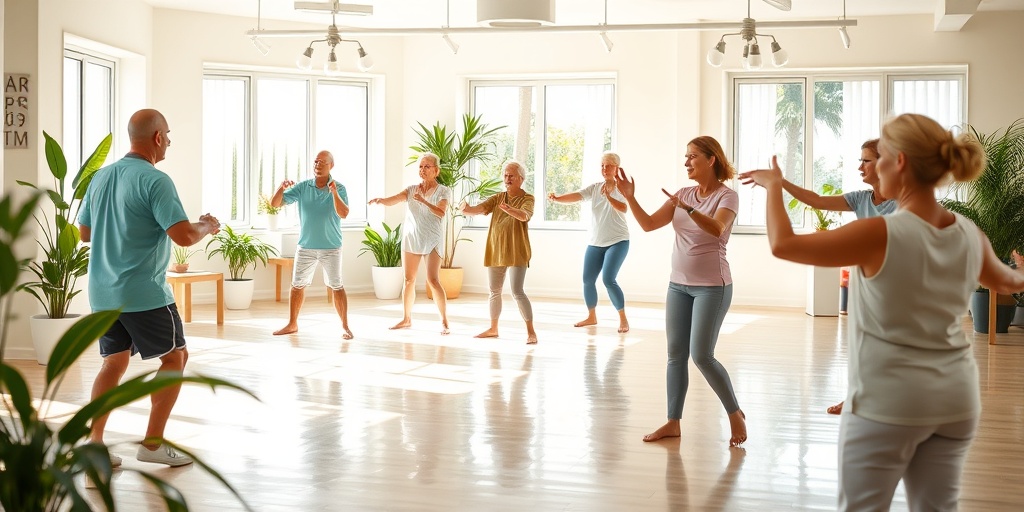 A low-impact exercise class features seniors and young adults engaged in water aerobics and tai chi in a bright studio.4.png