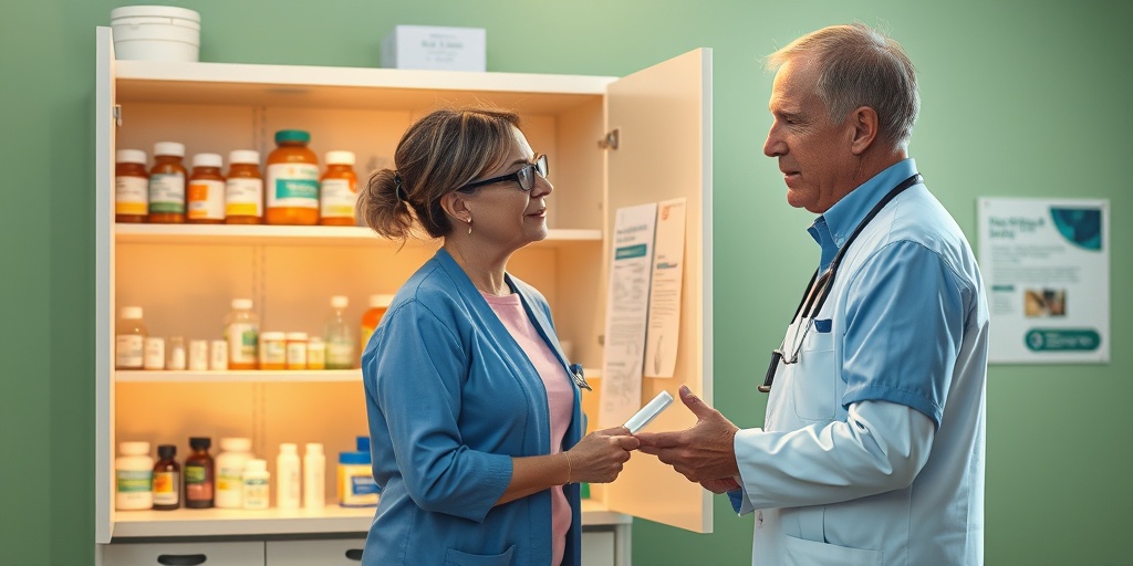 A medicine cabinet filled with treatment options for Giant Cell Interstitial Pneumonia, with a healthcare professional discussing care with a patient.  4.png