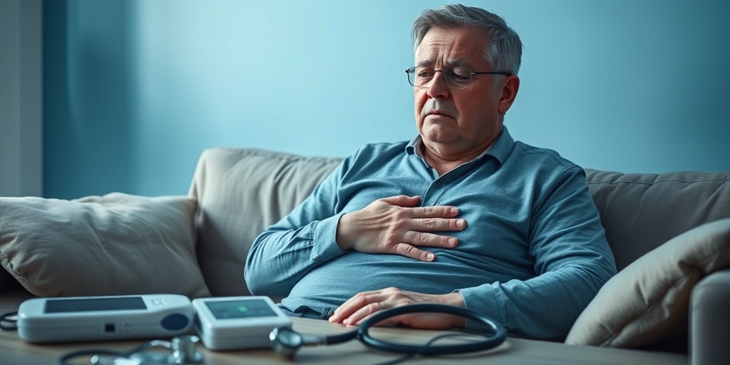A middle-aged patient on a couch, fatigued and concerned, with medical equipment subtly included in a calming blue setting.  2.png