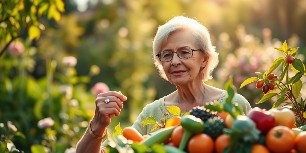 A middle-aged woman enjoys a vitamin A-rich meal in a sunlit garden, promoting eye health and vitality.5.png