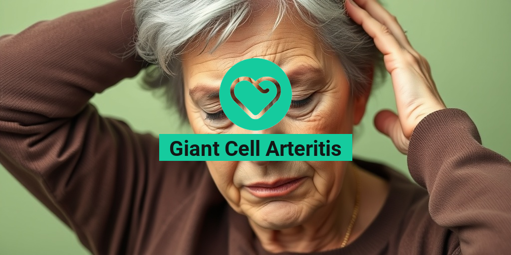 A middle-aged woman holds her head in discomfort, reflecting the struggles of Giant Cell Arteritis against a calming green background. • Yesil Health AI