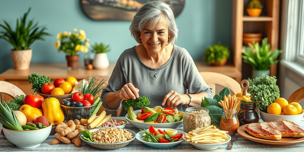 A middle-aged woman joyfully prepares a colorful, nutritious meal, showcasing healthy options for postmenopausal nutrition.4.png