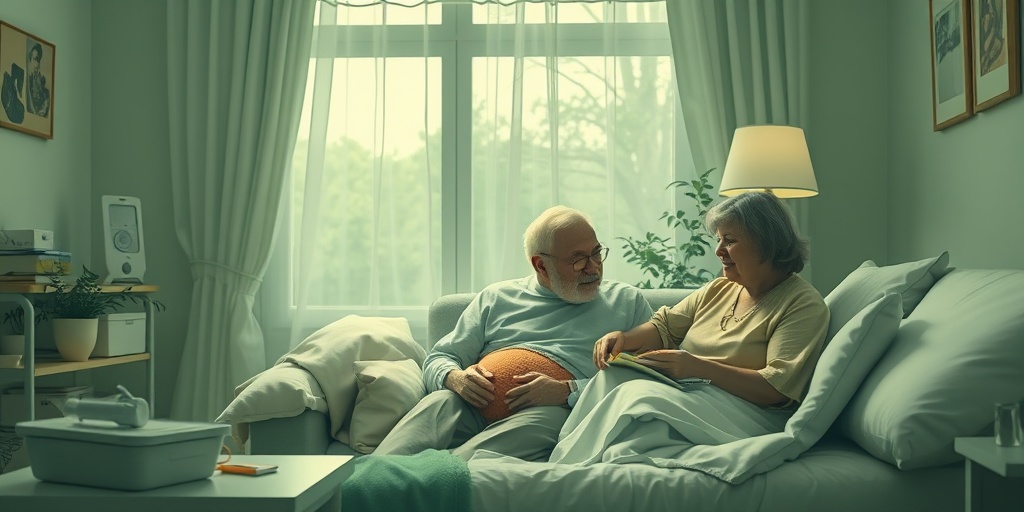 A patient in a serene home setting embodies resilience while managing life with a malignant large bowel tumor.  5.png