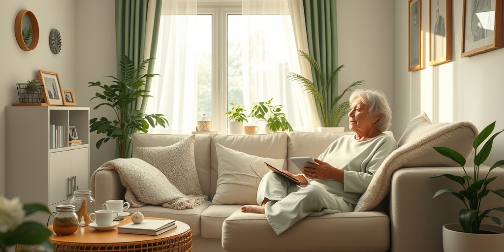 A patient practices self-care in a cozy living room, surrounded by supportive items, emphasizing the importance of home in health management. 4.png