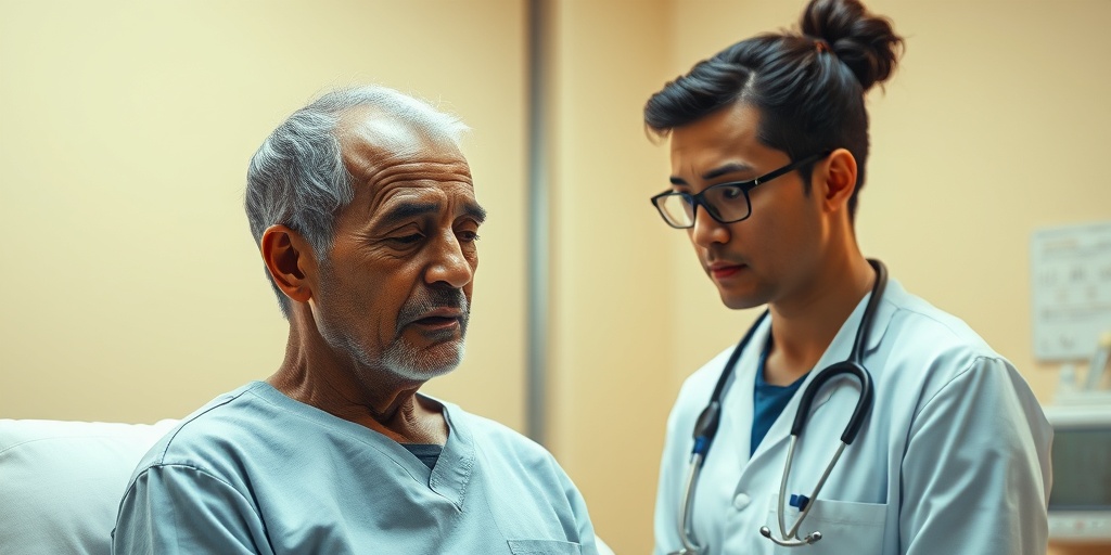 A patient shows signs of confusion in a clinical setting, with a caring healthcare professional observing in a warm atmosphere.  2.png