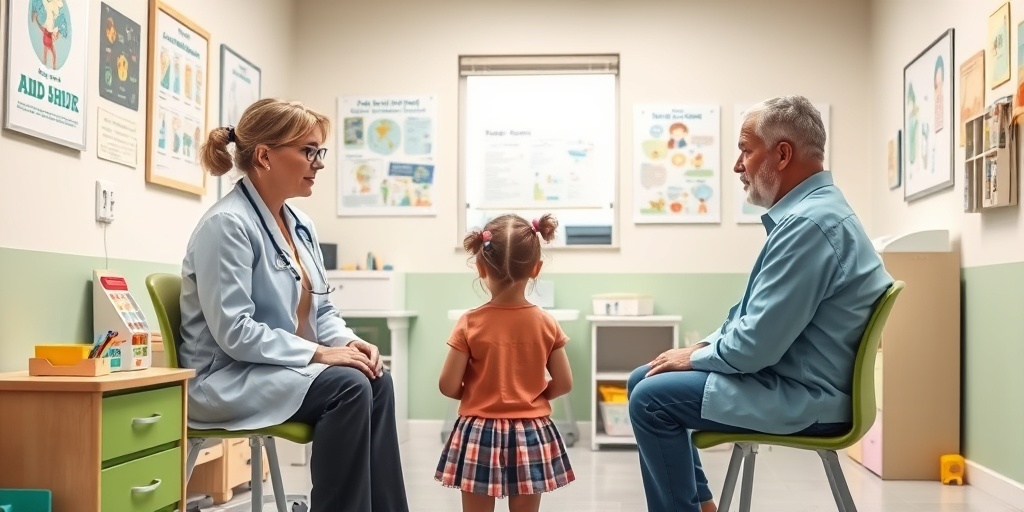 A pediatrician discusses ADHD diagnosis with a concerned family in a welcoming, educational office environment. 3.png