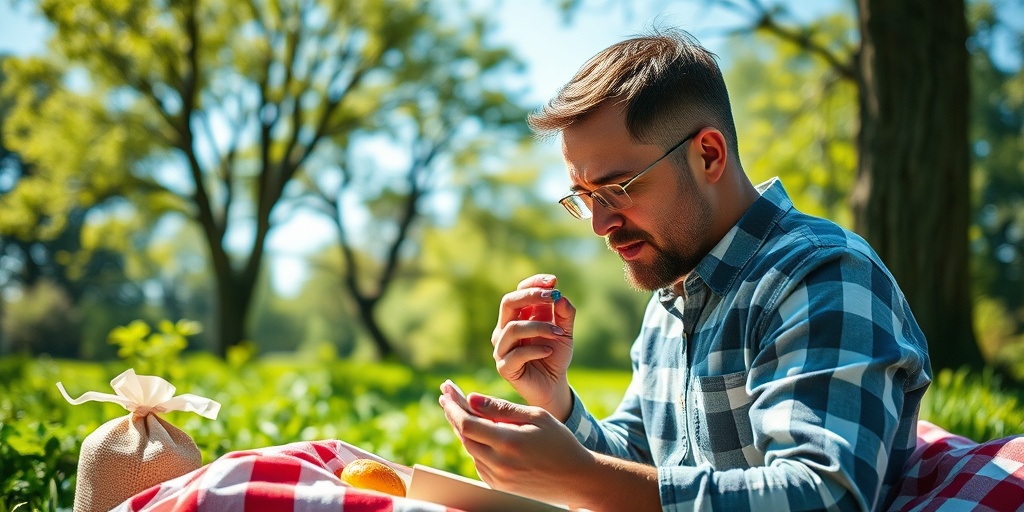 A person enjoys a picnic while checking food labels, balancing joy and allergy management in a vibrant park. 5.png