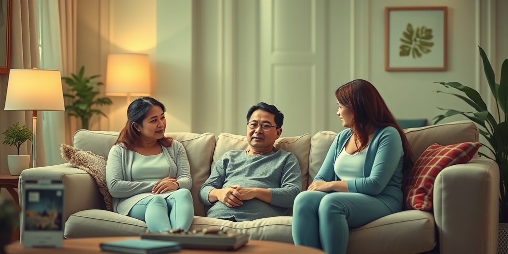 A person experiencing mild insulin side effects, comforted by family in a warm, inviting living room.  4.png