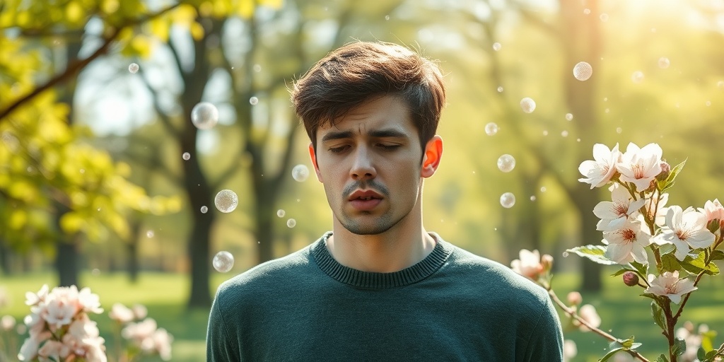 A person sneezes in a blooming park, surrounded by flowers and floating pollen particles during spring.3.png