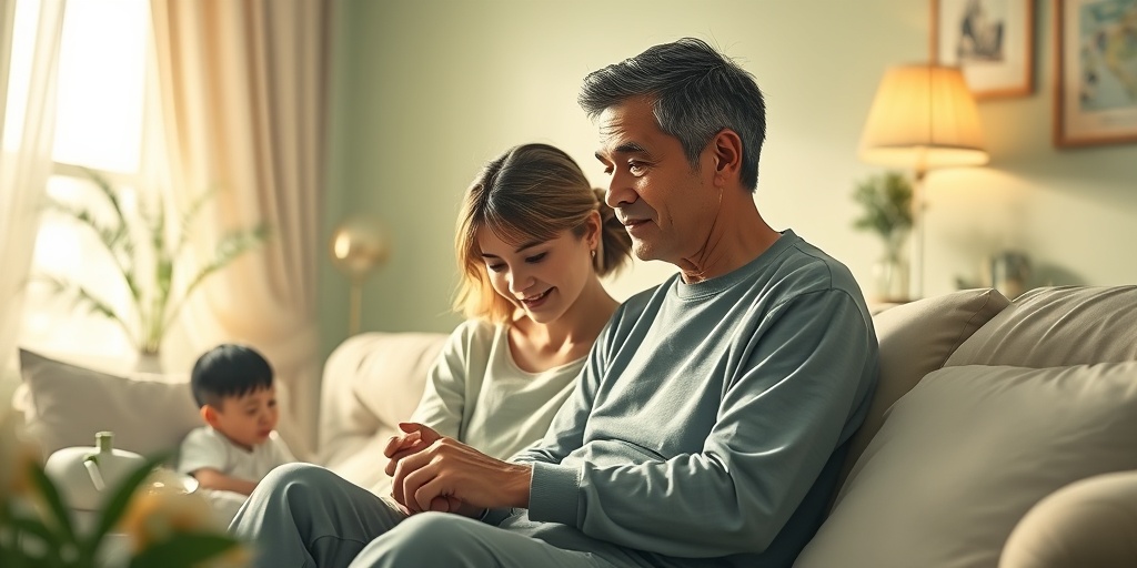 A person with syringomyelia navigates daily life in a cozy home, surrounded by family, symbolizing resilience and support.  5.png