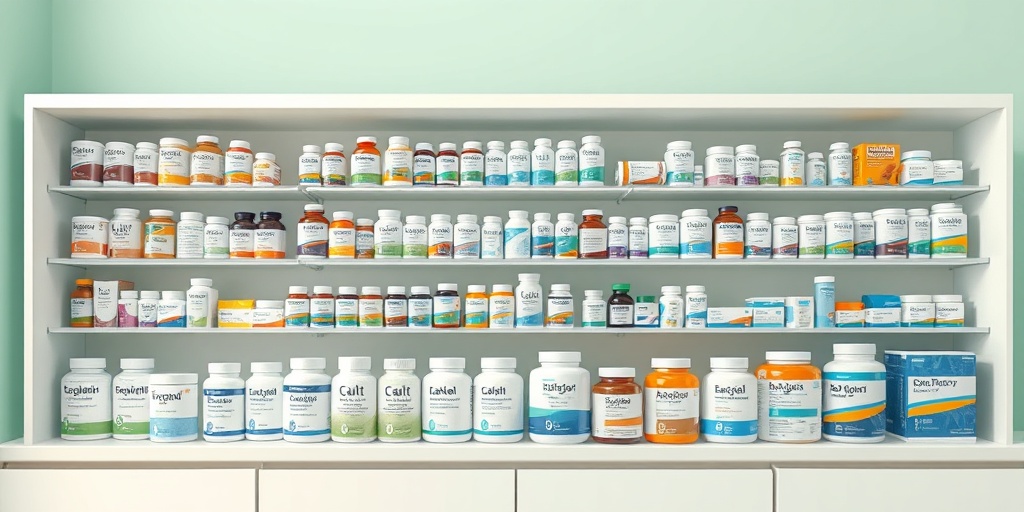A pharmacy shelf displays dietary supplements and enzyme therapies for GALT Deficiency, conveying hope and progress.4.png
