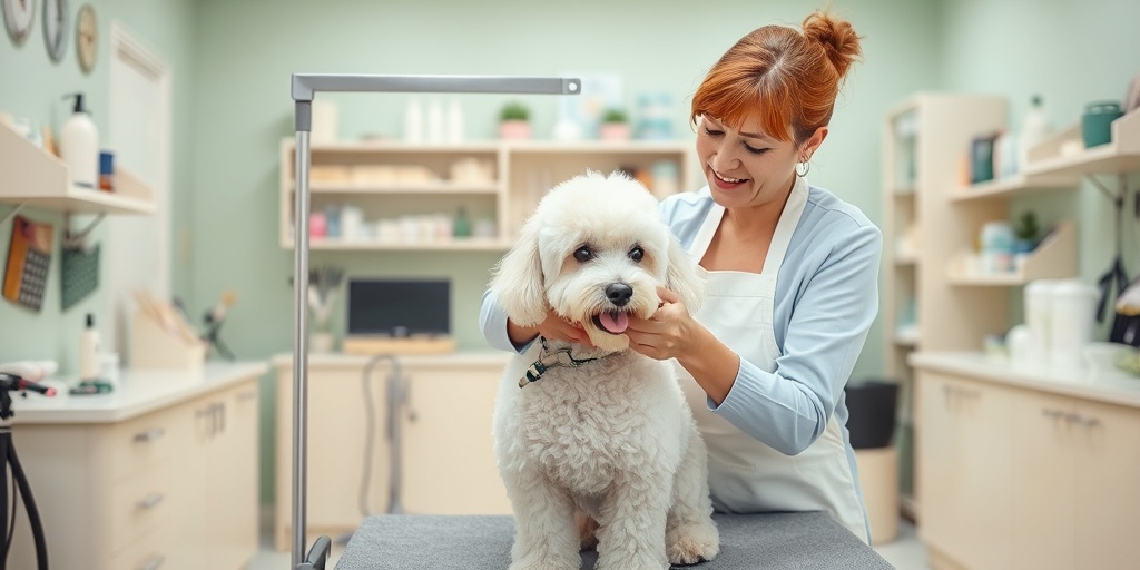A professional groomer carefully trims a fluffy Poodle in a bright salon, emphasizing the essentials of dog grooming.  4.png