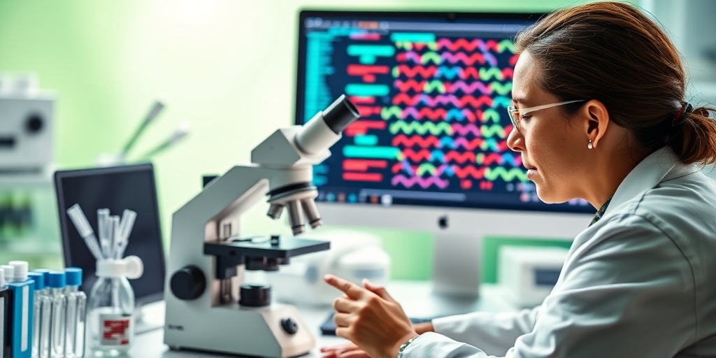 A scientist analyzing DNA samples in a bright lab, showcasing genetic testing for familial dilated cardiomyopathy with colorful sequences.  3.png
