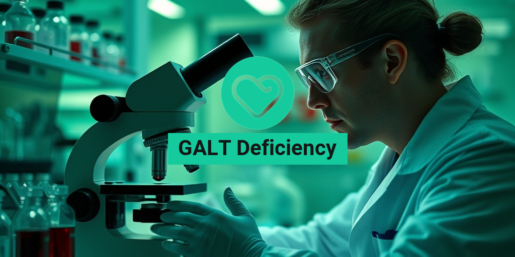 A scientist examines blood samples under a microscope in a well-lit laboratory focused on GALT Deficiency research. • Yesil Health AI