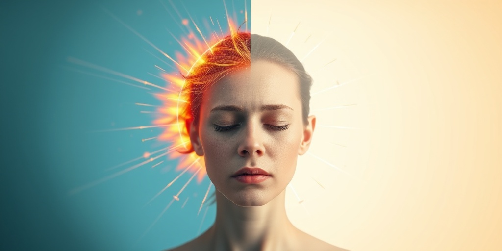 A split image shows vibrant energy on one side and muted migraine symptoms on the other, illustrating stark contrasts.  2.png