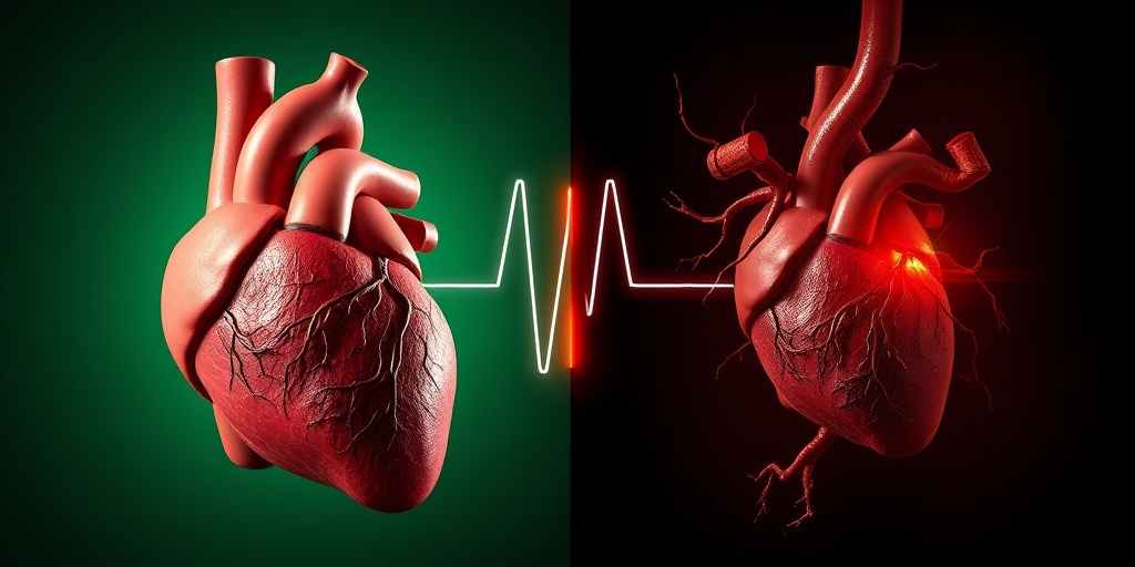 A split scene contrasting a healthy heart with complications from atrial fibrillation, emphasizing the severity of potential risks. 4.png