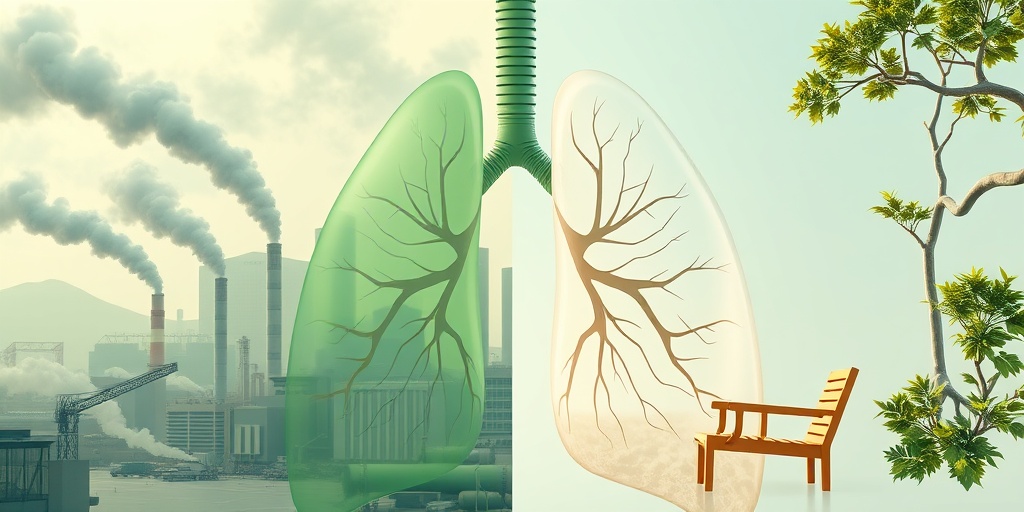 A split scene illustrating risk factors for Giant Cell Interstitial Pneumonia, contrasting pollution with a healthy lifestyle in vibrant colors.  3.png