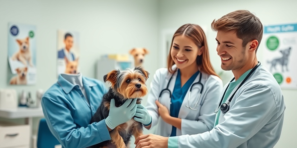 A veterinarian conducts a routine check-up on a small terrier, creating a reassuring atmosphere in a clean clinic.  5.png