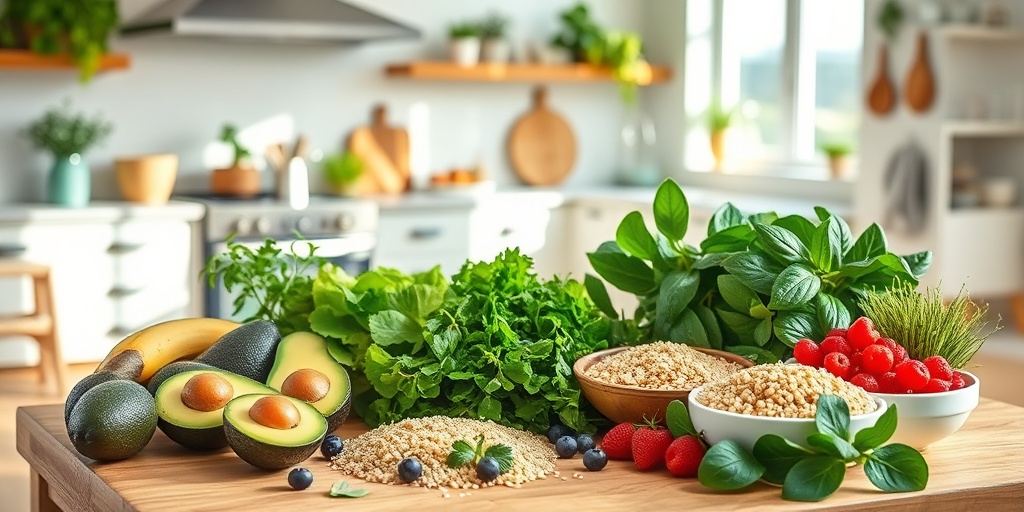 A vibrant kitchen displays healthy foods, illustrating the importance of balanced nutrition for achieving flat abs.  4.png