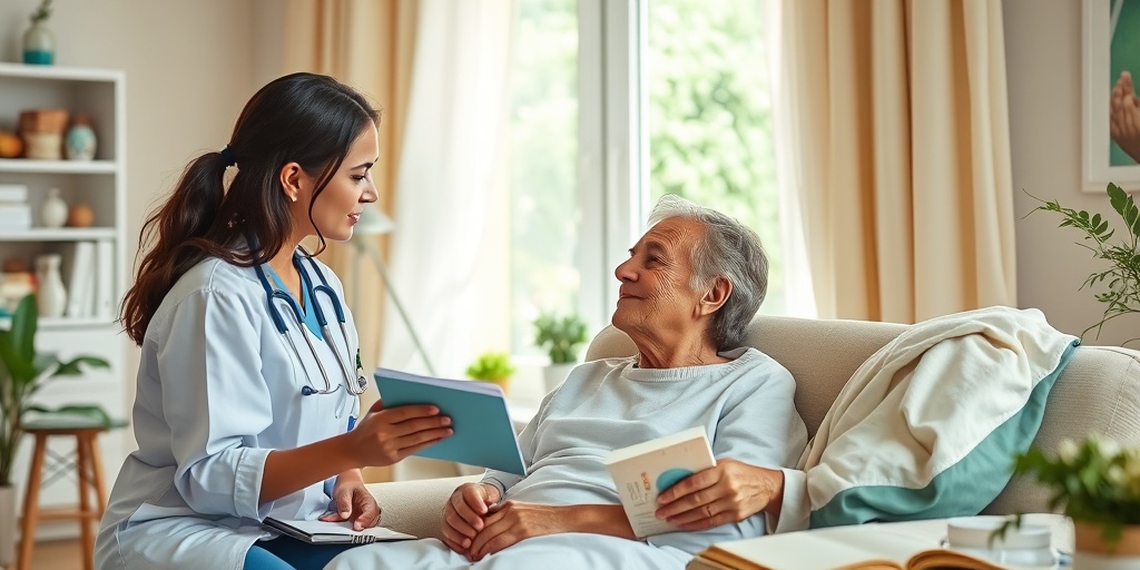 A visiting nurse provides compassionate post-procedure care to a patient in a cozy, sunlit home environment. 5.png