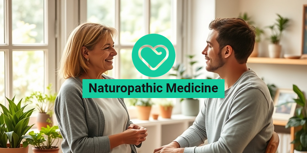 A warm naturopathic clinic with natural light, plants, and a practitioner consulting a relaxed young man. • Yesil Health AI