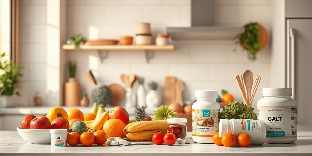 A well-organized kitchen displays healthy foods and enzyme capsules, highlighting dietary management for GALT Deficiency treatment. 4.png