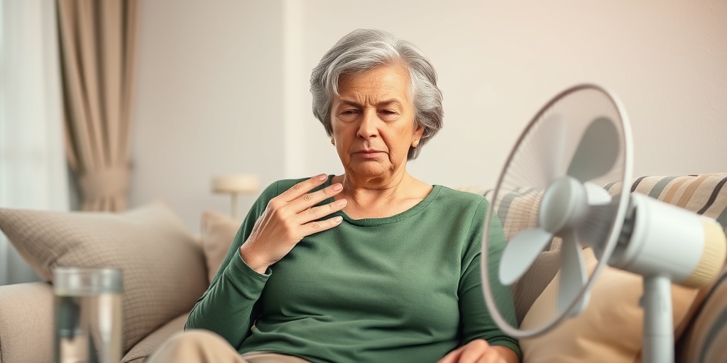 A woman experiences mild discomfort in her cozy living room, fanning herself while surrounded by water and a cooling fan.2.png
