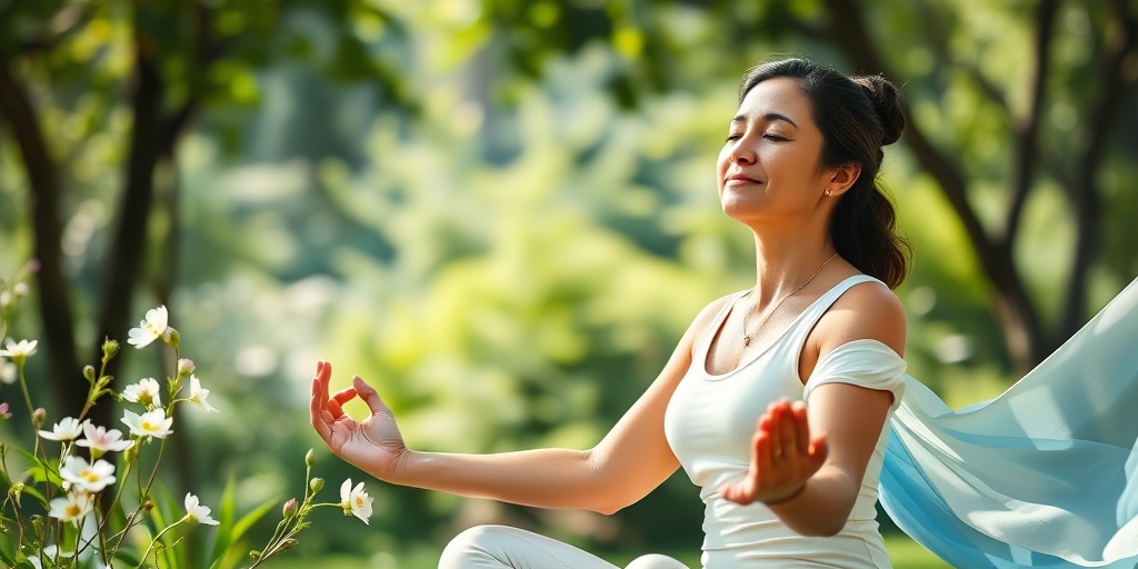 A woman practicing yoga outdoors, radiating peace and resilience, surrounded by nature's beauty and soft, healing elements.  5.png