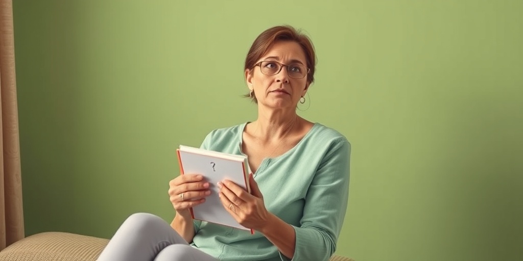 A woman reflects on her health in a serene space, holding a notepad with questions for medical advice. 5.png